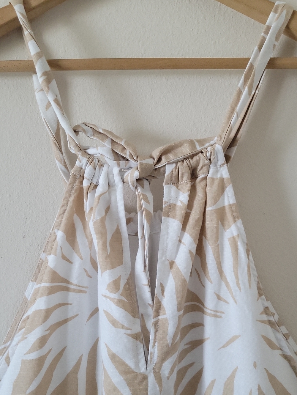 Gap Tan White Linen Tie Back Halter Palm Print Shift Dress Size 14TALL - Picture 5 of 7